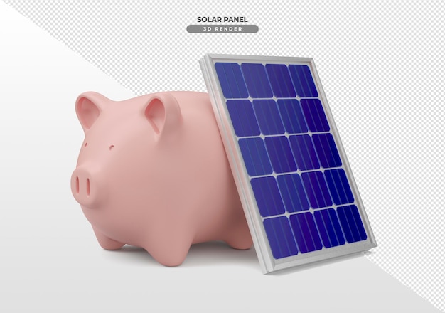 Solar energy boards with economy pig in 3d realistic render