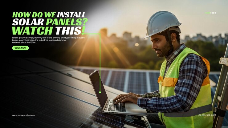 PSD solar installation solar roofing banner template with indian engineer wearing a helmet and safety vest working on a laptop in front of a large solar panel