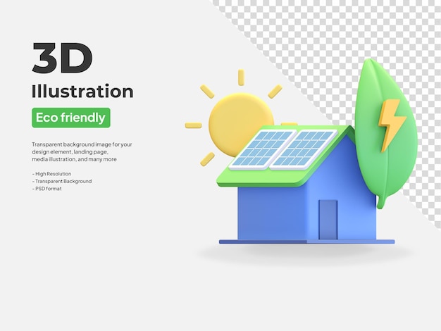 Solar panel house icon with green leaf and sun eco friendly power symbol 3d render illustration