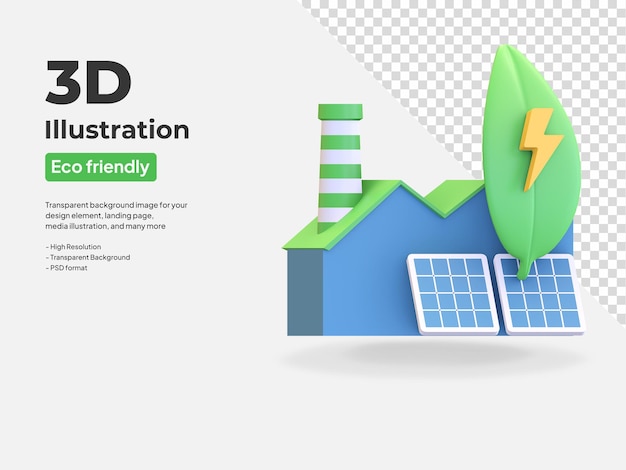 PSD l'icona di industria del pannello solare con il simbolo di potere ecologico della foglia verde 3d rende l'illustrazione
