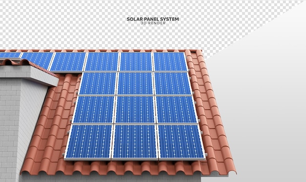 PSD solar panel system on roof of house realistic 3d render isolated for composition