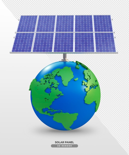 Schede di energia solare con globo terrestre nel rendering realistico 3d del fumetto