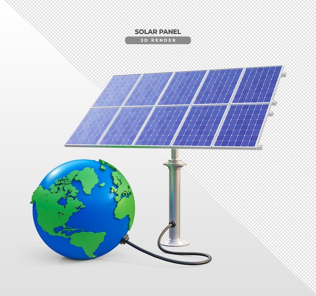 Solar power boards with earth globe in cartoon 3d realistic render