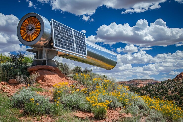 PSD solarpowered device on a hilltop surrounded by yellow wildflowers under a vibrant blue sky