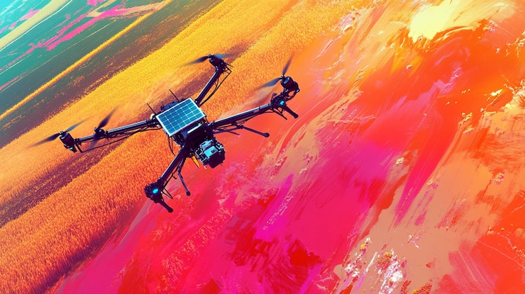 PSD solarpowered drone flying over vibrant landscape