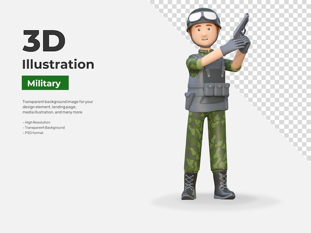 Soldier holding hand gun 3d cartoon illustration