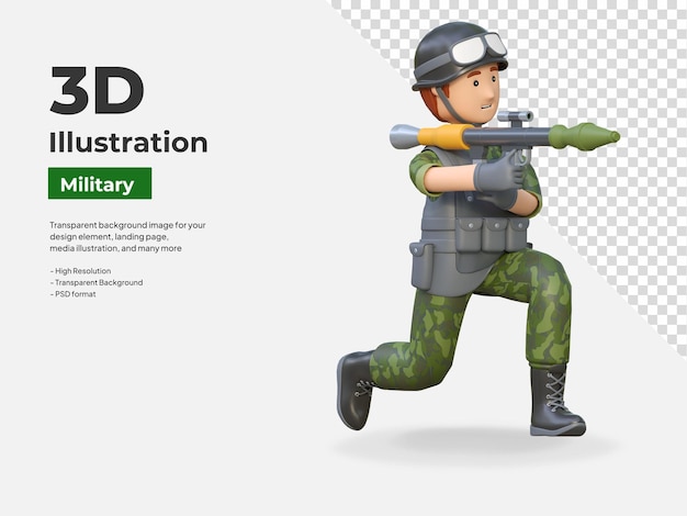 PSD soldier holding rocket launcher rpg gun 3d cartoon illustration