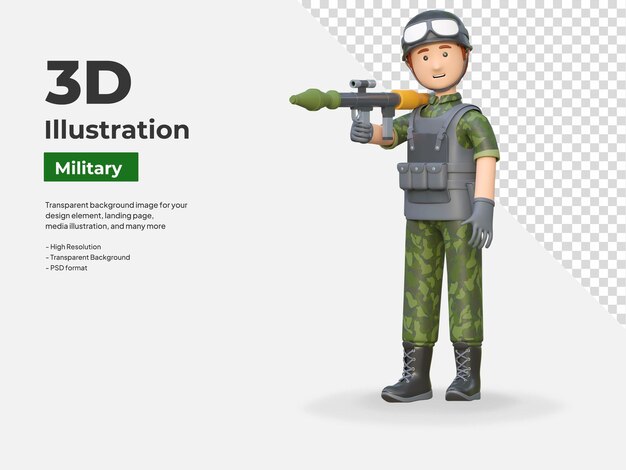 PSD soldier holding rocket launcher rpg gun 3d cartoon illustration