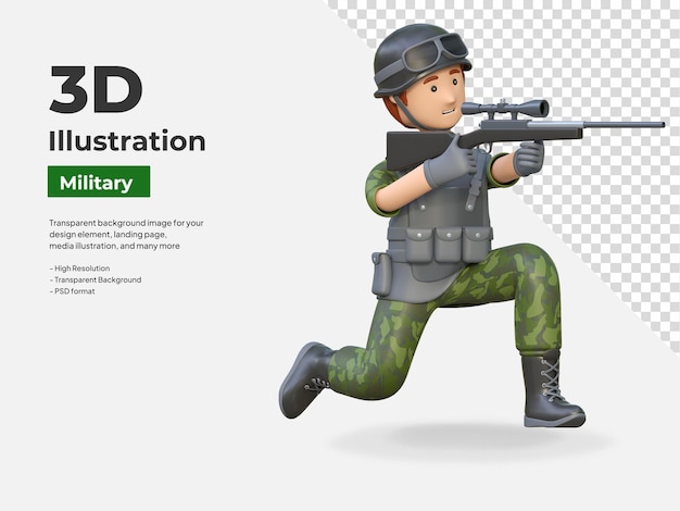 PSD soldier holding sniper rifle gun 3d cartoon illustration