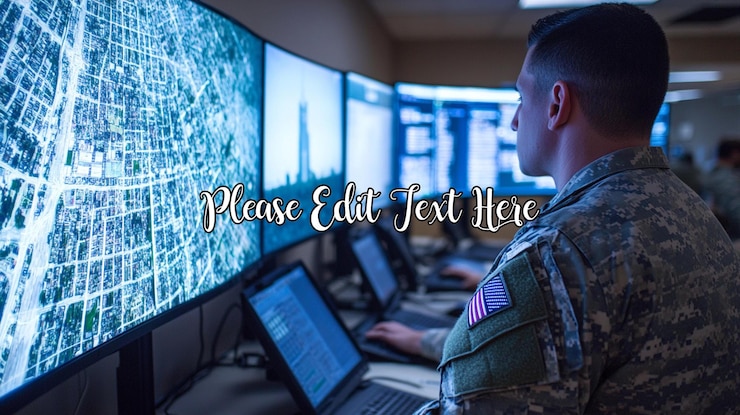 PSD soldier monitoring city map on large screens in a military control room