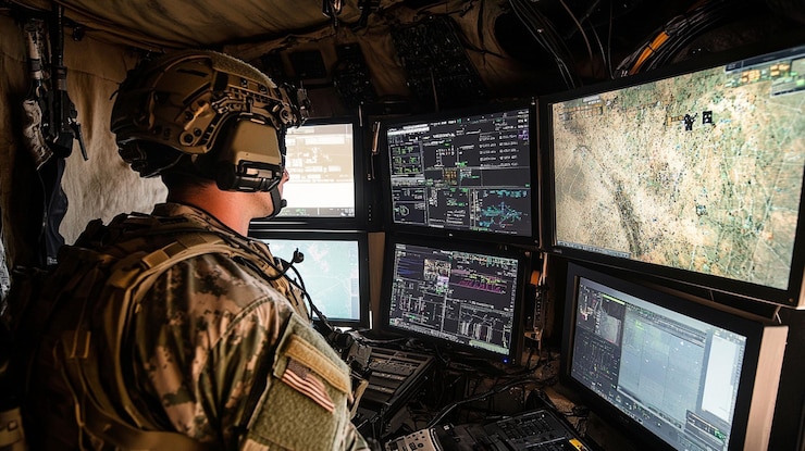 PSD soldier monitoring multiple computer screens in a military command center