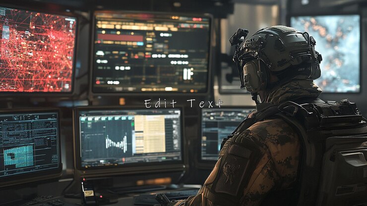 PSD soldier monitoring multiple screens in a command center