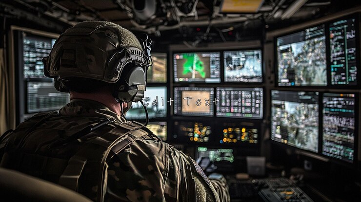PSD soldier monitoring multiple screens in a dark control room