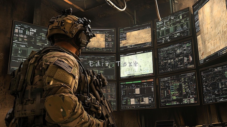 PSD soldier monitoring multiple screens in a dark room