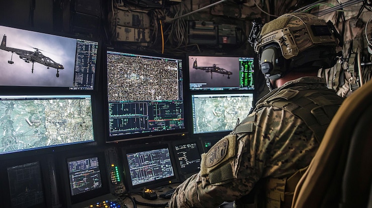 PSD soldier monitoring multiple screens displaying tactical information in a military aircraft
