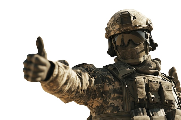 PSD a soldier shows approval by raising his finger up on a transparent background