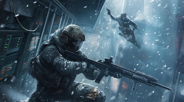 PSD 一名持槍的士兵在半夜的雪中玩遊戲壁紙