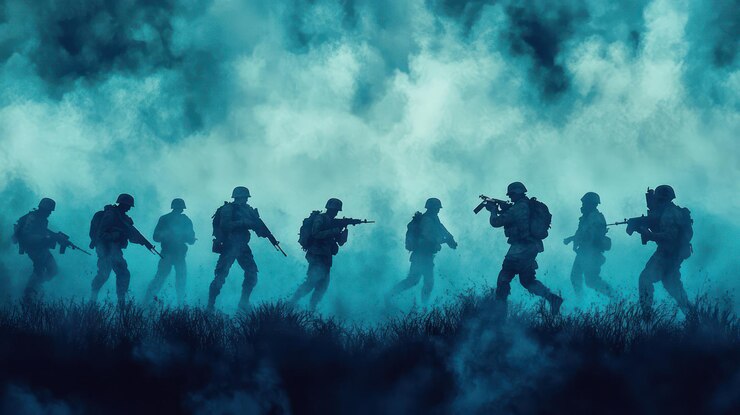 PSD 煙っぽい戦場の兵士のシルエット