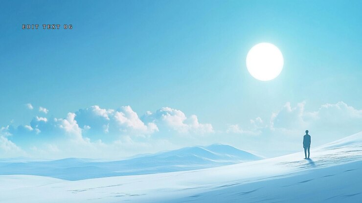 PSD solitary figure silhouetted against a bright sun in a snowy mountainous landscape