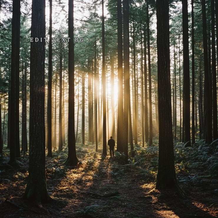PSD solitary figure silhouetted in sunlit forest path