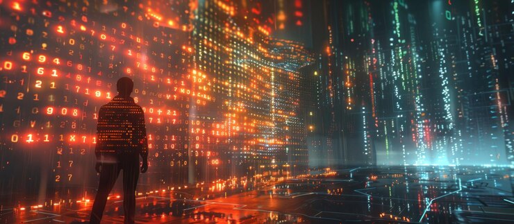 PSD a solitary figure stands in a futuristic cityscape illuminated by glowing digital numbers and data streams