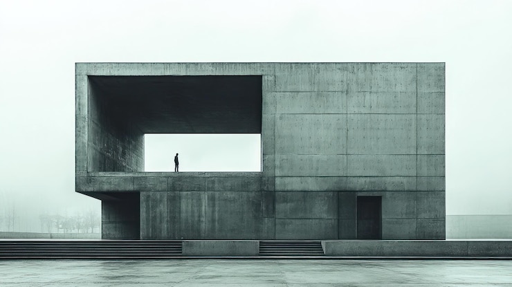 PSD a solitary figure stands in a large concrete structure with a cutout window