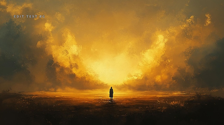 PSD solitary figure in a vast golden sunset landscape