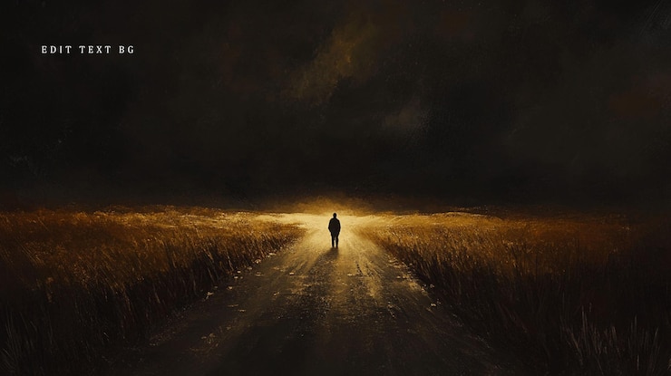 PSD solitary figure walking on a dark path through a field illuminated by a faint light