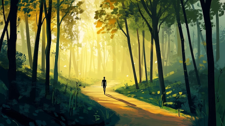 PSD a solitary figure walks a sundrenched forest path lush foliage vibrant colors and a sense of peace and tranquility fill the scene