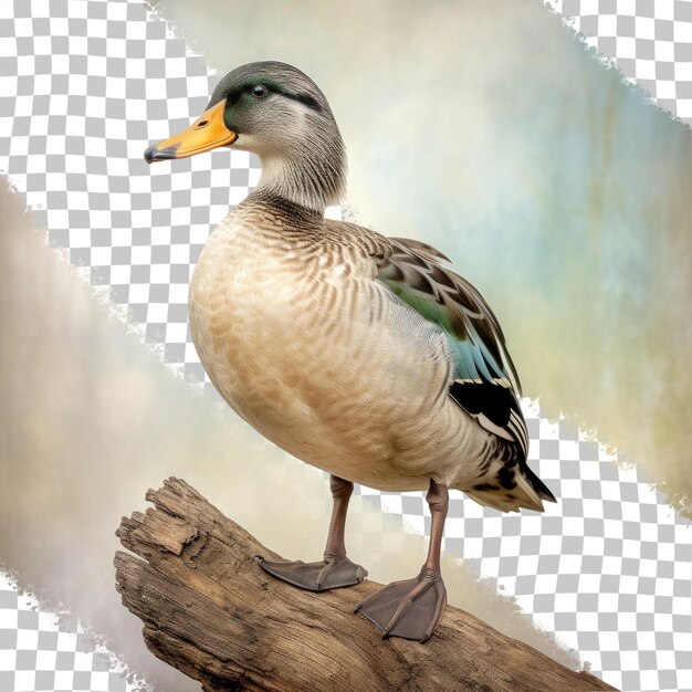 A solitary male mallard duck against a transparent background