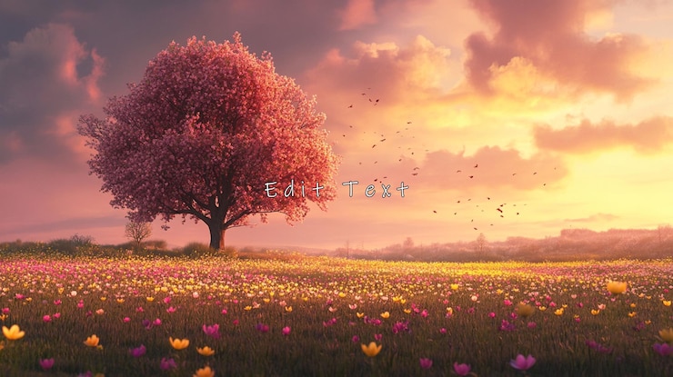 PSD solitary pink tree in vibrant flower field at sunset
