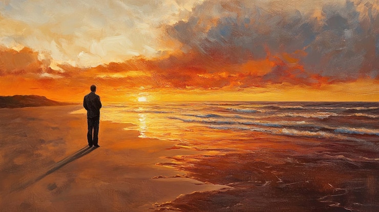 PSD solitary sunset stroll a man contemplates lifes horizon at golden hour
