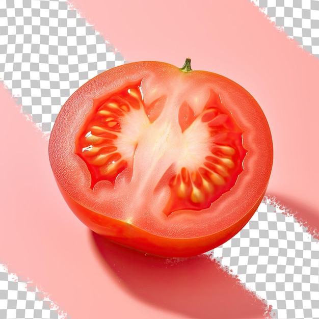 A solitary tomato sliced against a transparent background