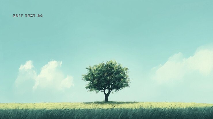 PSD solitary tree on grassy field under a clear blue sky with fluffy clouds