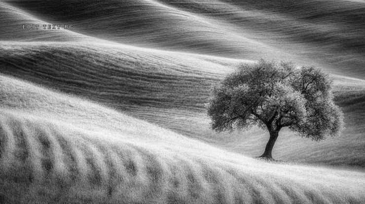 PSD solitary tree on rolling hills in monochrome