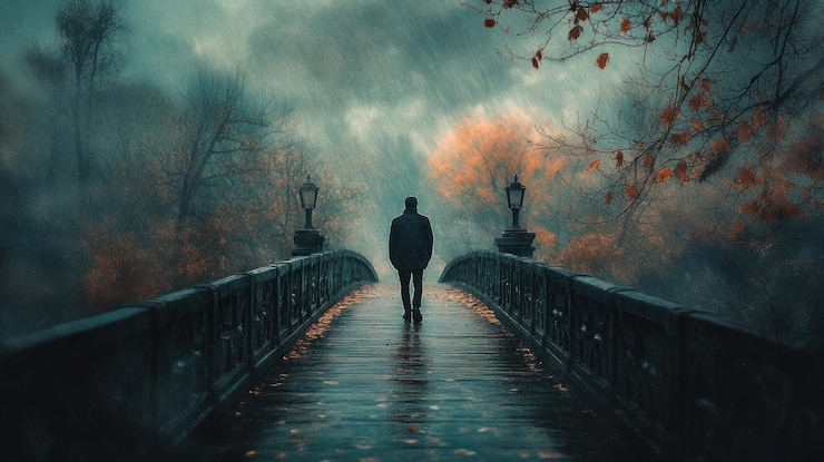 PSD solitudes embrace a rainy walk across the autumn bridge