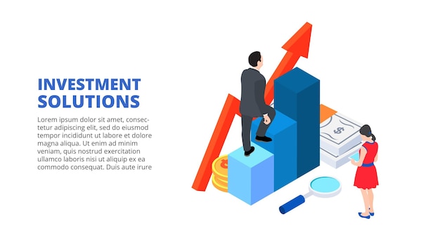 PSD solutions for investments analysis concept and economics strategy isometric illustration