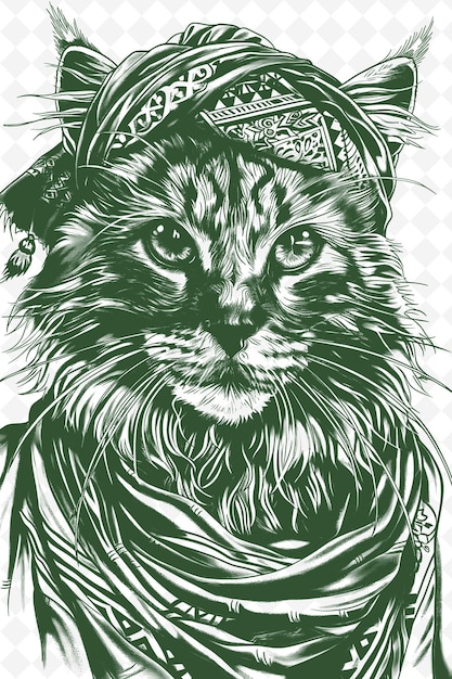 PSD somali cat wearing a turban with a noble expression portret dieren sketch art vector collecties