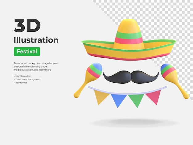 Sombrero hoed en snor 3d illustratie render