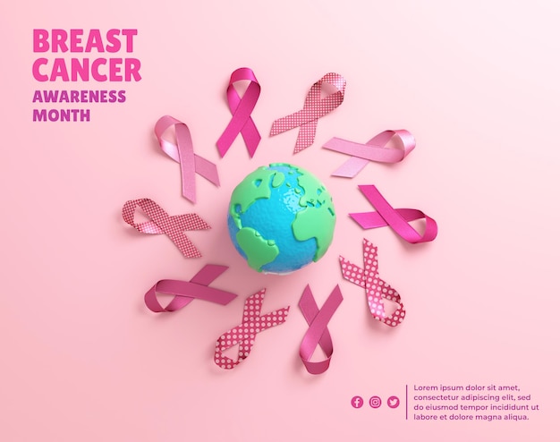 PSD alcuni nastri rosa circondano la terra per il mese della consapevolezza del cancro al seno e la giornata mondiale contro il cancro