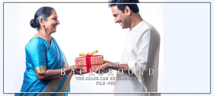 PSD son giving gift to mother on white background