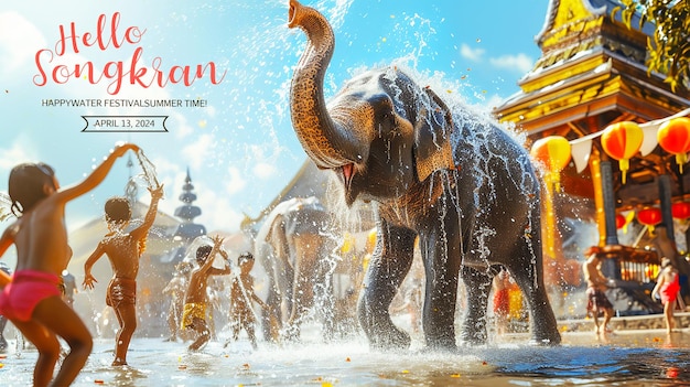 PSD songkran banner template with an elephant splashing water during thailands songkran festival