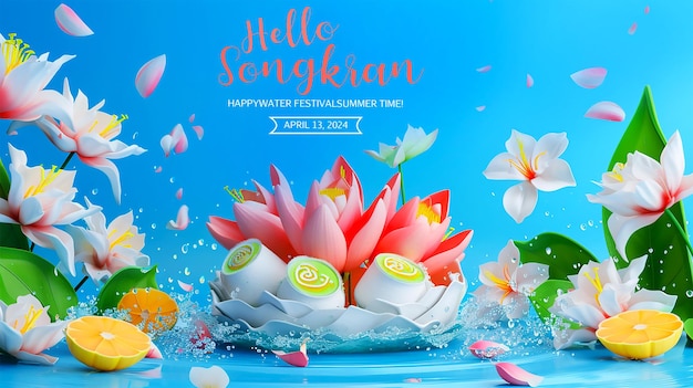 PSD songkran banner with water flowers and pagoda