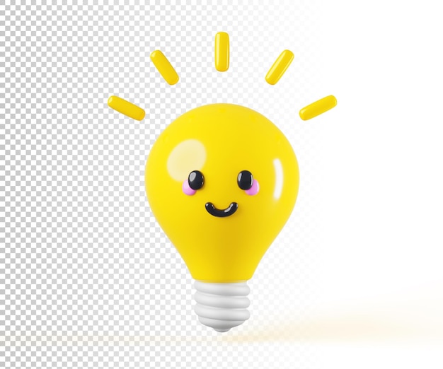 Söpö hehkulamppu sarjakuva kawaii -hahmo hymyllä 3D-renderöintikuvake Luova idea inspiraatio aivoriihi kehityksen liiketoimintaratkaisun konsepti Onnellinen emoji eristetty älykäs maskotti 3D-kuvitus
