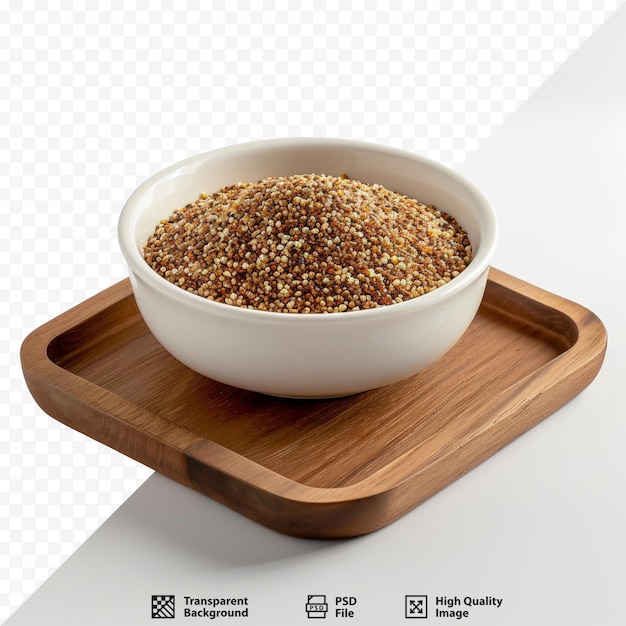 PSD sorghum served in a white porcelain bowl on a wooden tray