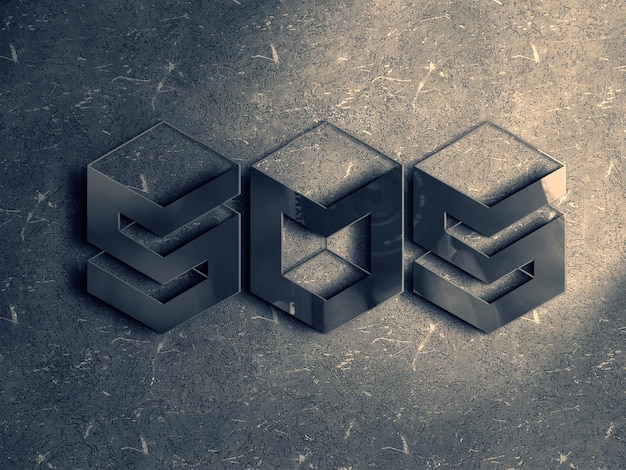 3D 금속 큐브로 된 SOS 로고가 텍스처 된 배경에