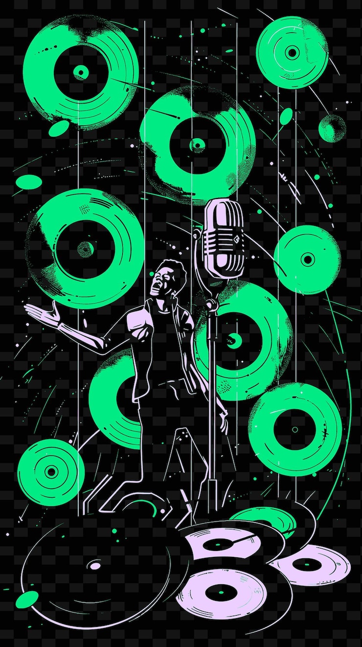 PSD soulzanger die optreedt in een vintage studio met microfoons illustratie muziek poster ontwerpen