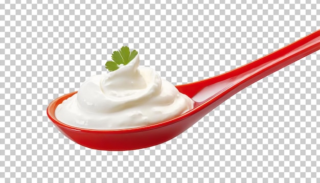 PSD sour cream in a red spoon isolated on transparent background