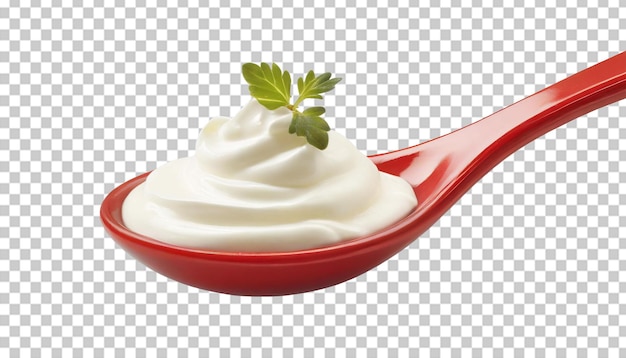 PSD sour cream in a red spoon isolated on transparent background
