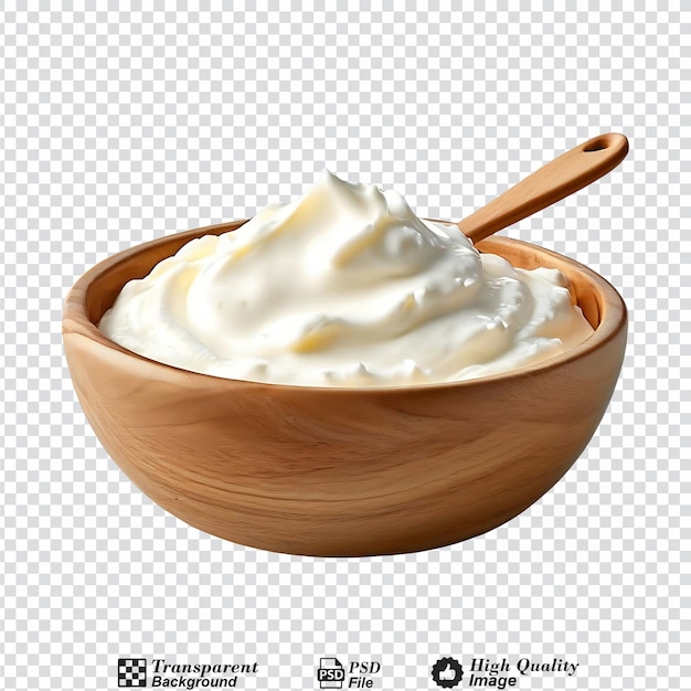 PSD sour cream in wooden bowl and spoon mayonnaise yogurt isolated on transparent background